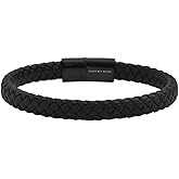 Geoffrey Beene Men's Braided Genuine Leather Bracelet with Stainless Steel Closure