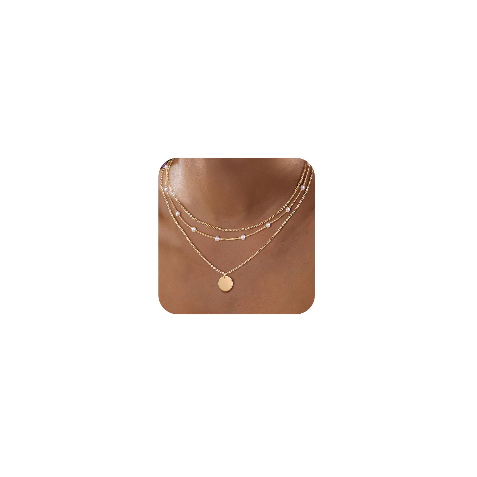 Photo 1 of Gold Layered Necklaces for Women, Dainty 14K Gold Plated Circle Pendant Necklace Simple Disc Pearl Necklace Long Stack Set for Women Trendy Jewelry Gift