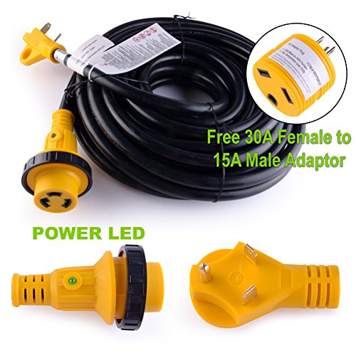 LeisureCords 50' Power / Extension Cord with 30 AMP Male Standard/30AMP Female Locking Adapter