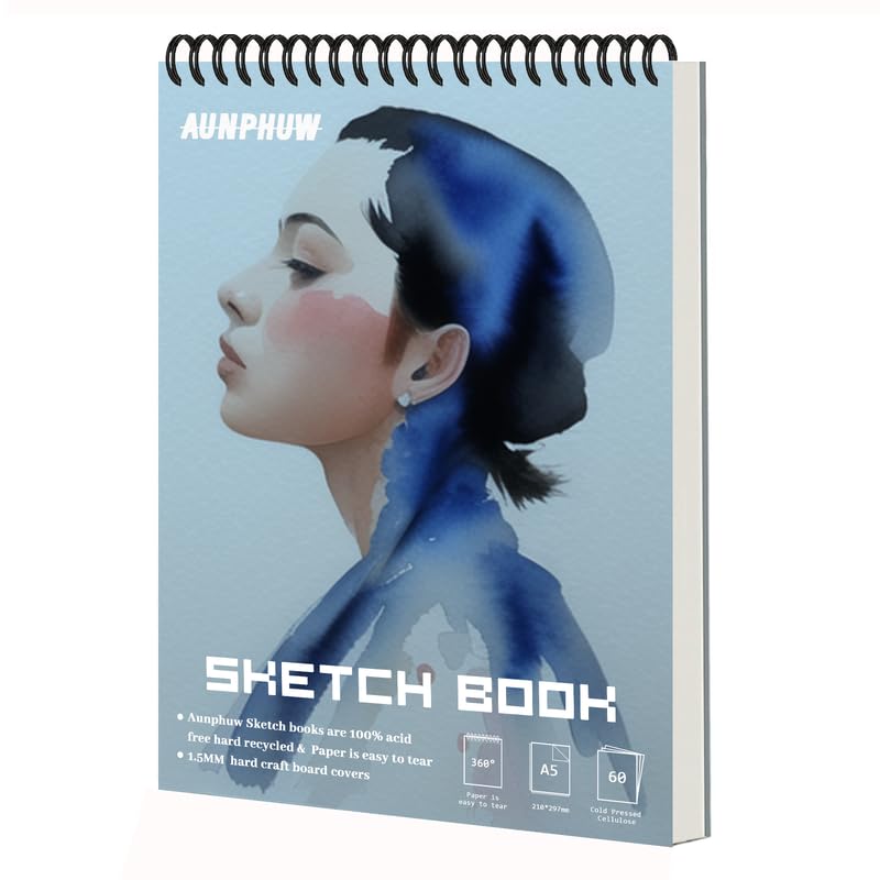 Aunphuw A5 Sketch Books Drawing Pad, 120gsm Spiral Bound Sketch Paper Art Supplie for Kids Adults with Durable Hardboard & Acid Free Drawing Paper 120 Pages