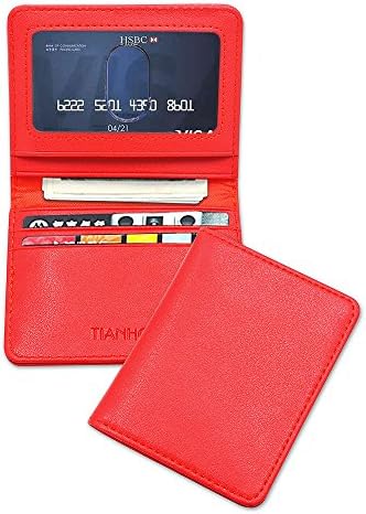 TIANHOO Mens Wallet Bifold Genuine Leather Slim RFID Small Front Pocket Wallets with Flip ID Window Red