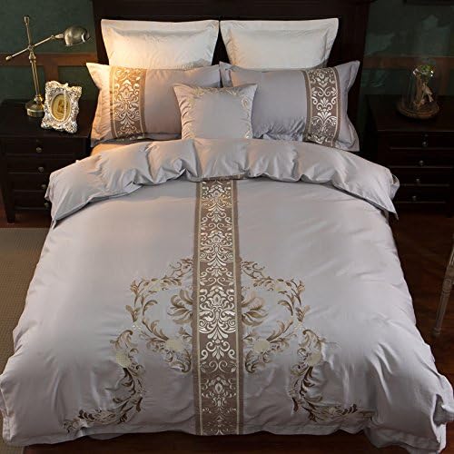IvaRose Home Textile 4/7Pcs Silver Grey Egyptian Cotton Luxury Bedding Set Queen King Size Bed Set Embroidery Duvet Cover Bed Sheet Set Pillowcase (Color 2, King Size 7pieces)