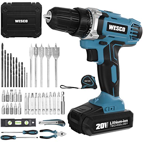 Cordless Drill/Driver, WESCO 20V Electric Drill Set 42pcs with Lithium-ion Battery and Charger, 21+1 Clutch, 3/8\