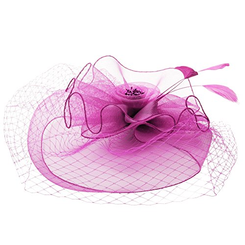 Lusiyu Fashion Women's Flower Feather Mesh Net Fascinator Hat (Rose red) - Thumbnail 2