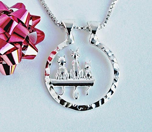 Ring Holder Necklace Three Cats by Ali C Art, Made in USA, Handmade Sterling Silver Pendant Jewelry, Keepsake Pet Gift for Women Wife Veterinarian DVM Vet Tech Doctor Surgeon MD Nurse RN Animal Lover