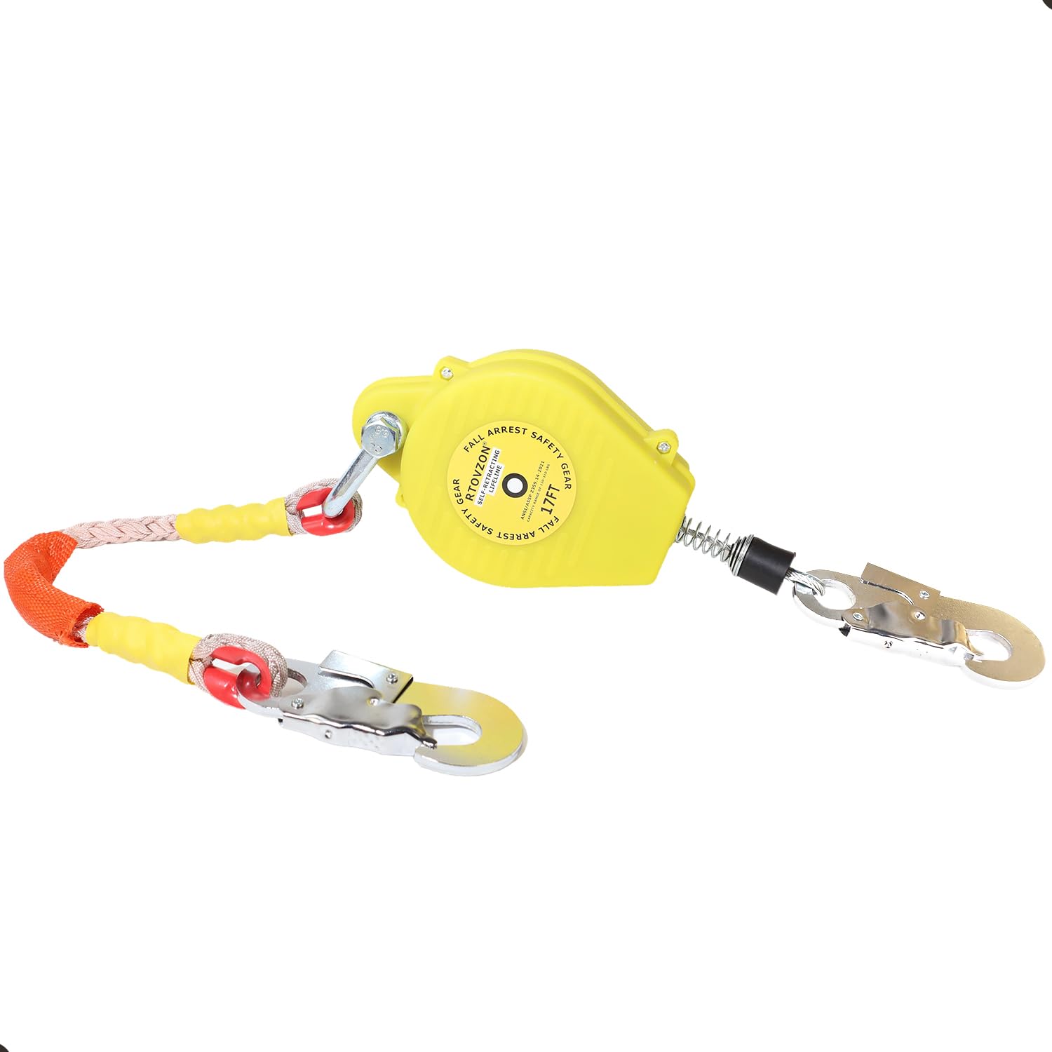 Photo 1 of 17FT RTOVZON Self Retracting Lifeline, Fall Arrest Fall Protection Dual Alloy Steel Hook Steel Wire Rope Heavy Duty Retractable Lanyard, Roofing Lifeline, SRL, Safety Lanyard