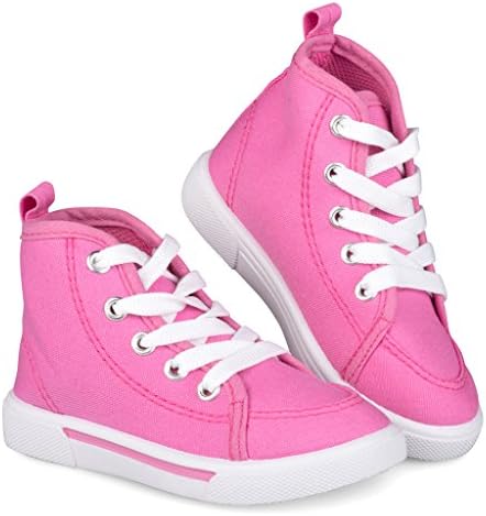 [SAN114-PNK-6] Girls High Top Sneakers: Pink Canvas Lace Up Shoes, Size 6