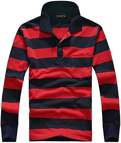Ezsskj Mens Youth Teen Fit 3/4 Sleeve Striped Polo Pocket Shirts (Red and Navy, Large)