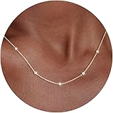 Carffordo 925 Sterling Silver Chain Necklace 16K Gold Plated Beaded Chain Necklace for Women Simple Dainty Choker Necklace Satellite Waterproof Link Necklace Trendy Jewelry Gifts