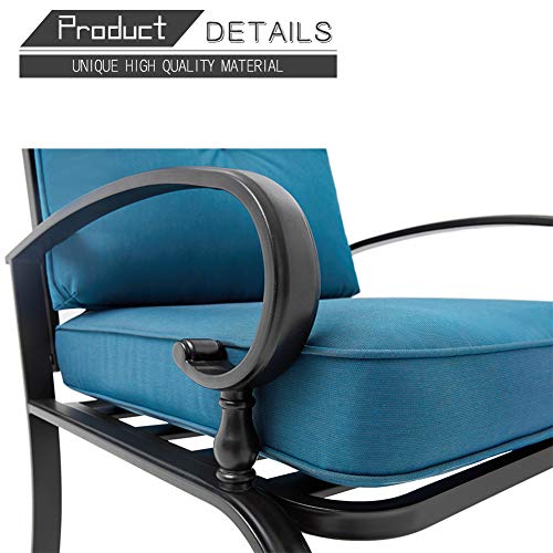 Oakmont Outdoor Patio Furniture Conversation Set Loveseat, 2 Chairs, Coffee Table with Cushion, Lawn Front Porch Garden, Wrought Iron Frame, Peacock Blue