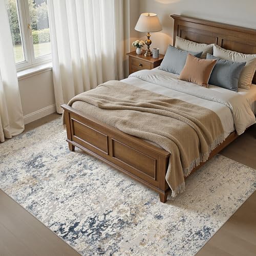 DMOYEST Rugs Living Room Washable - Area Rugs for Bedroom Large Abstract Neutral Modern Rug Soft Non Slip Low Pile 160 x 230 - Beige Blue