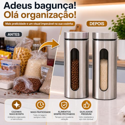 Kit Com 2 Potes Vidro Vítreo Grande Revestidos Em Inox 1,8L | Com Tampa de Vedação e Visor - Ideal para Armazenar Macarrão, Arroz, Feijão, Açúcar, Grãos e Mantimentos