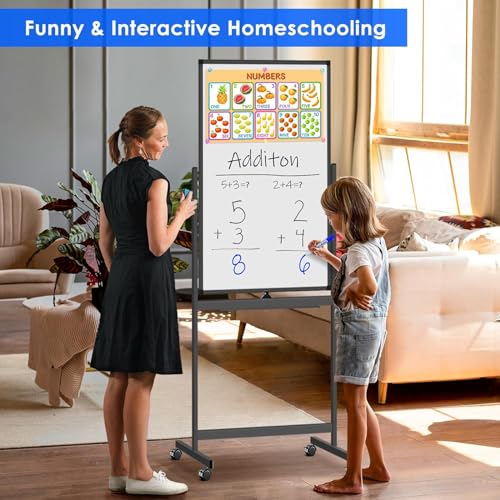 60x100Cm Magnetic Mobile White Board, Double Sided Dry Erase Board Rolling Whiteboard, Standing Whiteboard on Wheels for Home Office Classroom & Home, Black
