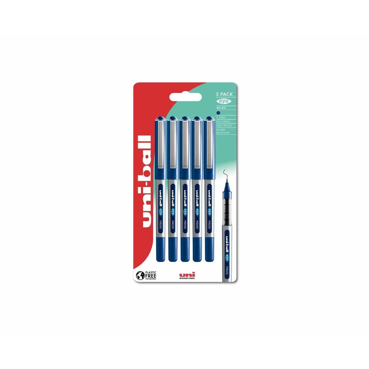 uni-ball UB-150 Eye Blue Rollerball Pens. Premium Micro 0.5mm Ballpoint Tip for Super Smooth Handwriting, Drawing, Art, Crafts and Colouring. Fade and Water Resistant Liquid Uni Super Ink. 5 Pack
