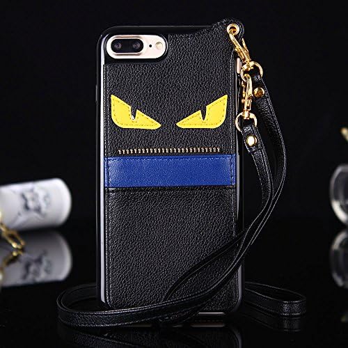 iPhone 7 Plus Case with 2-Straps Dual Card Slots Leather Cover for iPhone 7+ 7Plus Black Blue Yellow Monster Bug Eyes Design Luxury Designer High Fashion Stylish Cool Hot Gift Girls Women Men Guys