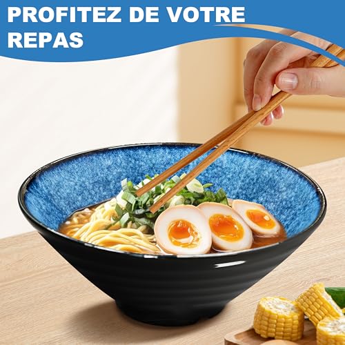 8 Inch Set of 4 Large Ceramic Ramen Bowls (16 Pieces), Japanese Dishwasher-Compatible Tableware with Fork Chopsticks and Spoon Soup Bowl Salad Gifts for Men Women
