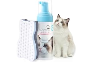 Mooncat Waterless Cat Shampoo and Brush Kit - No Rinse Foam Bath for Long Hair Cats - Grooming for Sensitive Skin, Detangling
