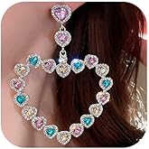 Xerling Hollow out Multi-colored Rhinestone Big Heart Earrings Crystal Heart-shaped Earrings for Women