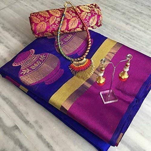 sareepopular cotton saree with blouse piece (bluematka_blue_free size)