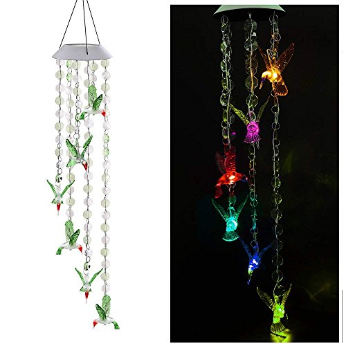 AVEKI Solar Mobile Wind Chime, Color Changing LED Solar Wind Chime Solar Powered LED Hanging Lamp Wind Chime Light Wind Chimes for Outdoor Indoor Gardening Lighting Decoration Home (Hummingbird)