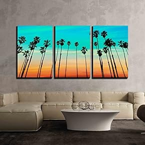3 Piece Canvas Wall Art - California Sunset Palm Tree Rows in Santa Barbara US - Modern Home Art Stretched and Framed Ready to Hang - 16"x24"x3 Panels