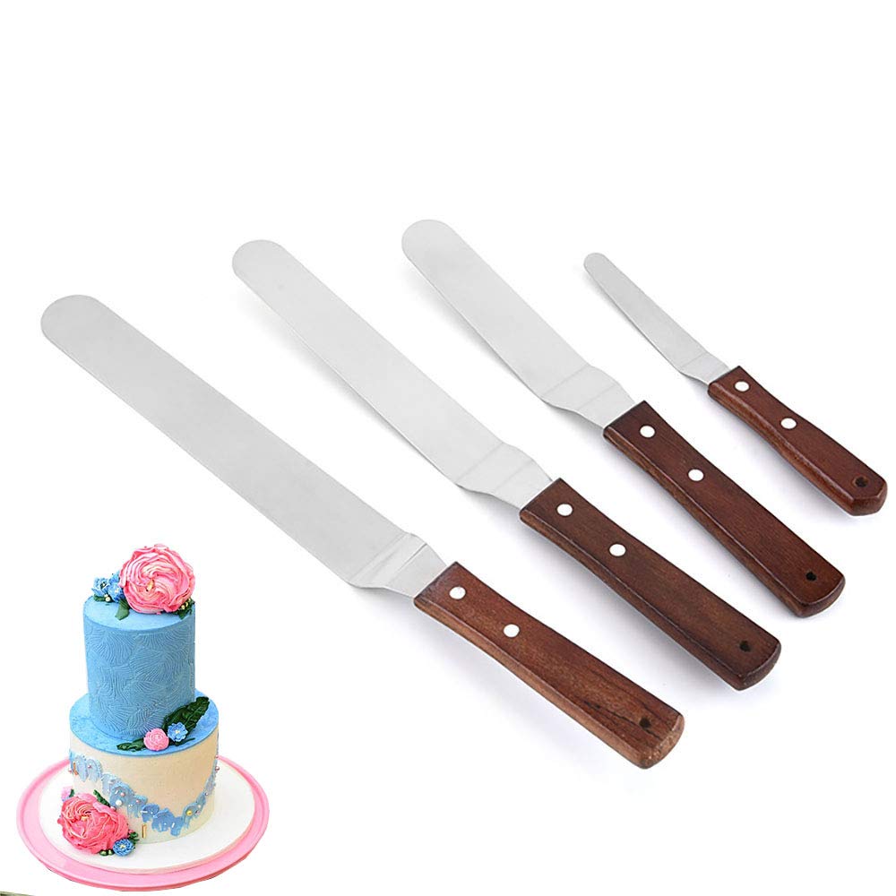 4-Piece Icing Spatula, Offset Spatula Set with 4", 6", 8", 10" Blade, Stainless Steel with Premium Wooden Handle Angled Cake Decorating Frosting Spatula
