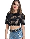 Persun Women's Black Tasseled Trims Sequin Floral Lace Sheer Crop Top