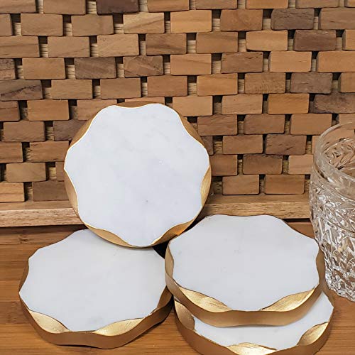 James Scott Real Marble Coasters Set of 4 - Round Design with Gold Edges