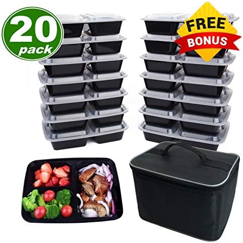 Meal Prep Containers 3 Compartment [20 Pack], w/Bonus Lunch Bag, BPA Free, Freezer, Microwave, Upper Dishwasher Safe, Reusable Bento Boxes, Lunch Boxes, Lunch Containers(32 oz)