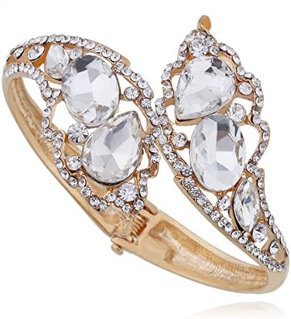 Kaymen Jewelry Gold Tone Full Rhinestone Leaf Hollow Out Water Drop Crystal Cuff Bangles Bracelets for Women 3 Colors (White)