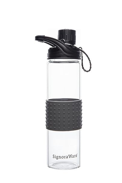 Signoraware Aqua Glow Glass Water Bottle, 550ml/21mm, Black