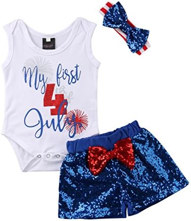 GoodFilling Newborn Infant Baby Girl My First 4th of July Print Romper Jumpsuit+Tutu Shorts+Headband