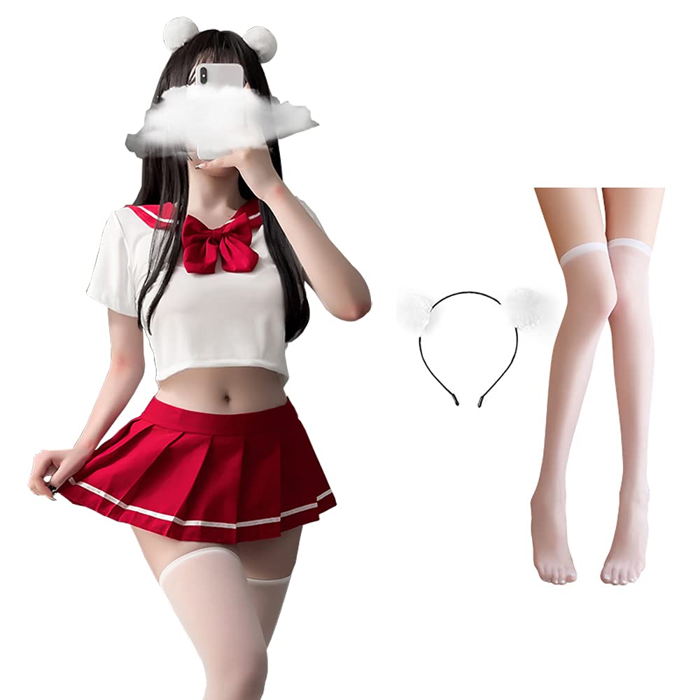 SINMIUANIME Schoolgirl Lingerie Set Sailor Uniform Dress Cosplay JK Student Wear Pleated Skirt With Socks (6908Red White)