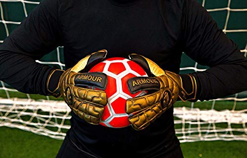 FINGERSAVE Goalkeeper Gloves by K-LO - The Armour Goalie Glove Has Fingersave Protection in All 5-Fingers to Prevent Injury & Improve Shot Blocking. Super Sticky Palms. Youth & Adult Sizes Gold