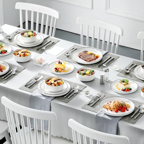MALACASA LUNA Crockery Set for 6 People, 18-Piece White Porcelain Dinner Service with Black Rim, Modern Dinner Set with 6 Dinner Plates, Dessert Plates and Cereal Bowls