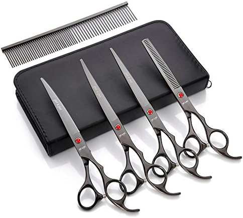 PET N PET Professional Pet Grooming Scissors Sets for Dogs and Cats 5 pieces - Thinning Shear &amp; Straight -Edge Shear &amp; 2 Curved Shears - Sharp and Strong Stainless Steel Blade Classic Black - 5 Colors