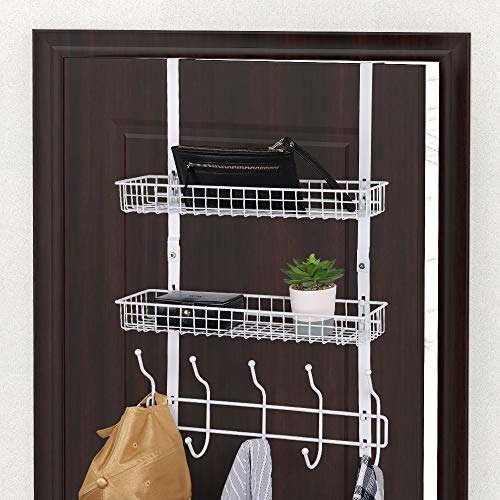 NEX Upgrade Over The Door Hook Shelf Organizer 5 Hooks with Basket Storage Rack for Coats & Towels (White- 2 Basket)