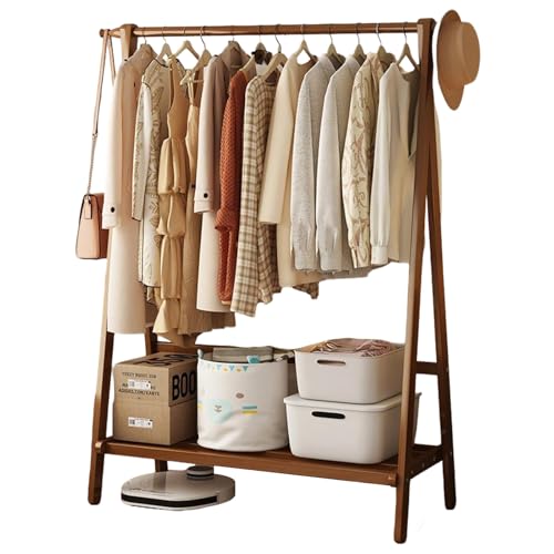Beauenty Bamboo Clothes Racks, Freestanding Clothing Hanger with Storage Rack, Clothes Hanging Shoe Rack, Coat Organizer for Hotel, Hallway, Bedroom, Office (100x46x144 cm)