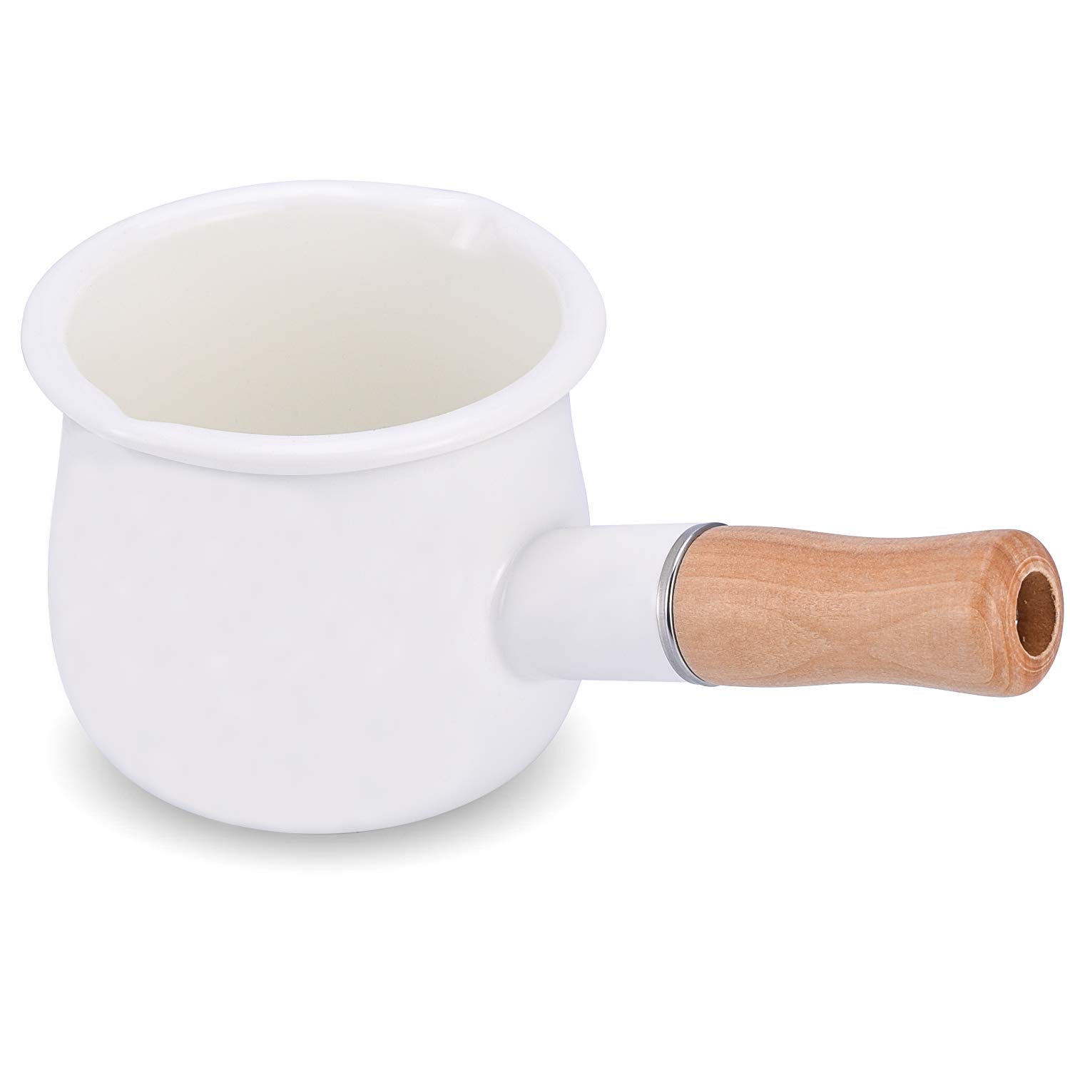 YumCute Home Enamel Milk Pan, Mini Butter Warmer 4 Inch 17 Oz Milk Pot Enamel Sauce Pan Milk Warmer Pot Small Cookware with Wooden Handle, Perfect Size for Heating Smaller Liquid Portions. (White)