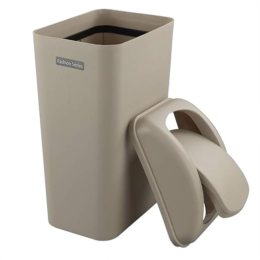 Ponpong Khaki 14 Litre Plastic Slim Lid Wastepaper Bin Trash Bin