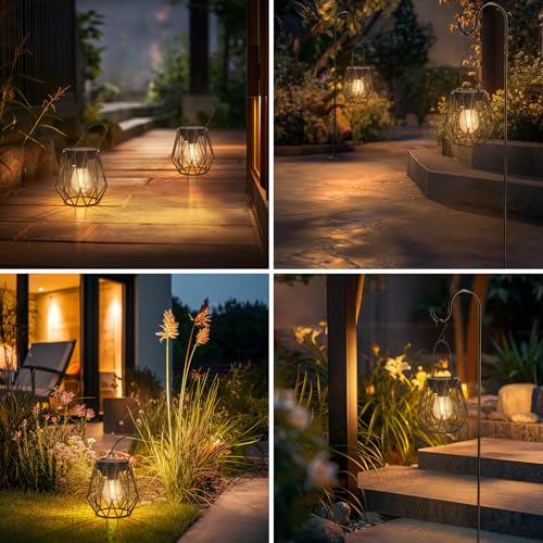 Ketom Pack of 2 Solar Lights for Outdoor Hanging Solar Lantern for Outdoor Standing Metal IP65 Waterproof Solar Pendant Lamp Outdoor Vintage with LED Bulb and Hook, Diamond, Black, for Outdoor Lawn