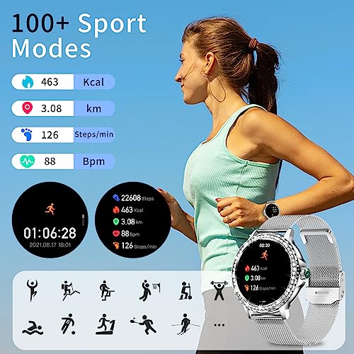 Efolen Smart Watches for Women with Diamonds (Answer/Make Call), 1.3'' Bluetooth Smartwatch for Android iOS, Waterproof Fitness Watch with Heart Rate/SpO2/Sleep/BP/AI Voice (Silver)