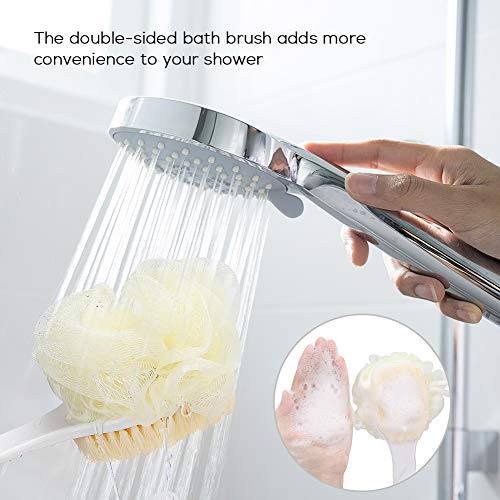 Bath Body Brush with Loofah and Bristles, Bosiwee Back Scrubber Shower Sponge Pouf for Dry Skin Brushing, Gentle Exfoliating with Long Handle