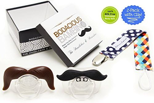 B.B. Mustache Pacifier 2-Pack with Pacifier Clip by Bodacious Bambino | The Horseshoe &amp; Handlebar - Cute &amp; Funny Pacifiers for Babies | BPA-Free
