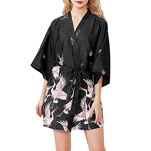 CofeeMO Birds Print Kimono Bathrobe 3/4 Sleeve Silk Satin Wrap Pajamas,Women's Fashion Sleepwear(Black,M) - Thumbnail 4