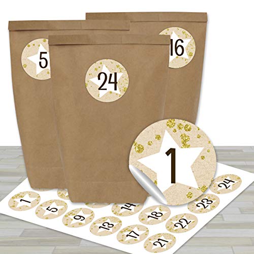 Advent calendar 24 paper bags with stickers - white stars on a beige backdrop design - 18