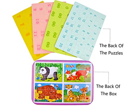 Vileafy Jungle Animal Series Jigsaw Puzzle Sets, 4-Pack 4 Complexities, Best for 3-5 Years Old Babies to Develop Dexterity and Problem Solving, Free Iron Box for Easy Storage, 6 1/2" X 4 1/2"