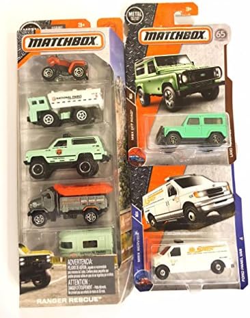 MB die cast Matchbox Ranger Rescue 5 Pack : 4-Wheeler, Water Hauler, 4X4 Chevy Blazer, Rapids Rescue, Pony Trailer & Bonus: Land Rover 90 & Ford Panel Van