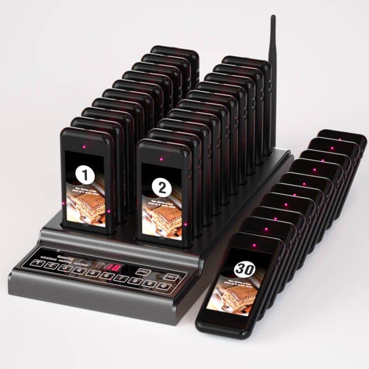 Pager System 30 Pagers, Wireless Calling System 30 Coasters Queuing System 3 Calling Modes 12H Standby Low Batter Reminder