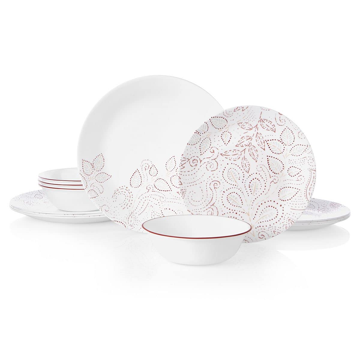 Corelle Leaf Stitch 12-Piece Dinnerware Set Service for 4 red